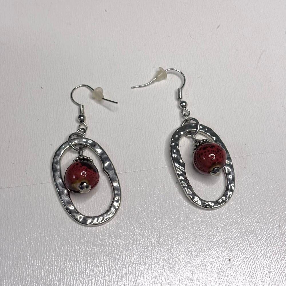 Premier Designs Silver Oval Dangle Earrings Red Stone Bead